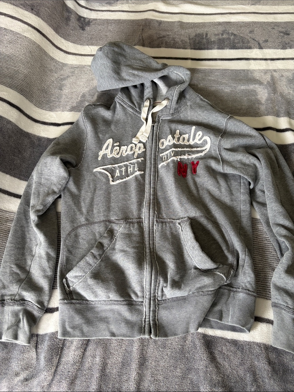 Aeropostale Gray Zip-Up Hoodie with Red 'NY' Accent